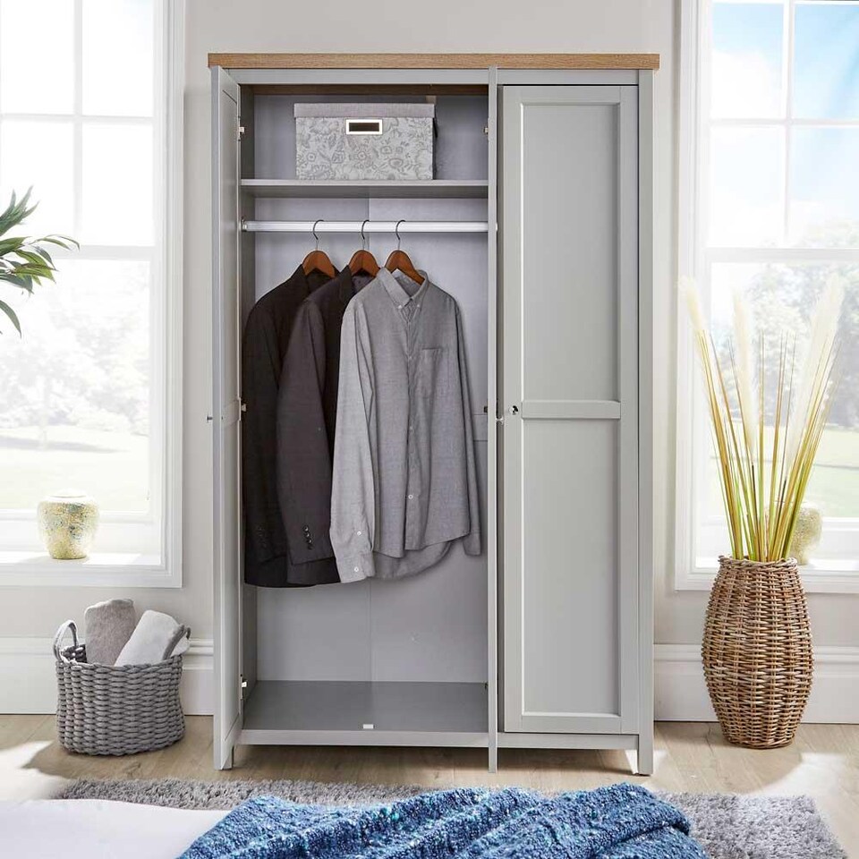 image 1 of Wardrobe 2 or 3 Door Two Tone Oak Top Wooden Hanging Rail Storage Shelves | Grey