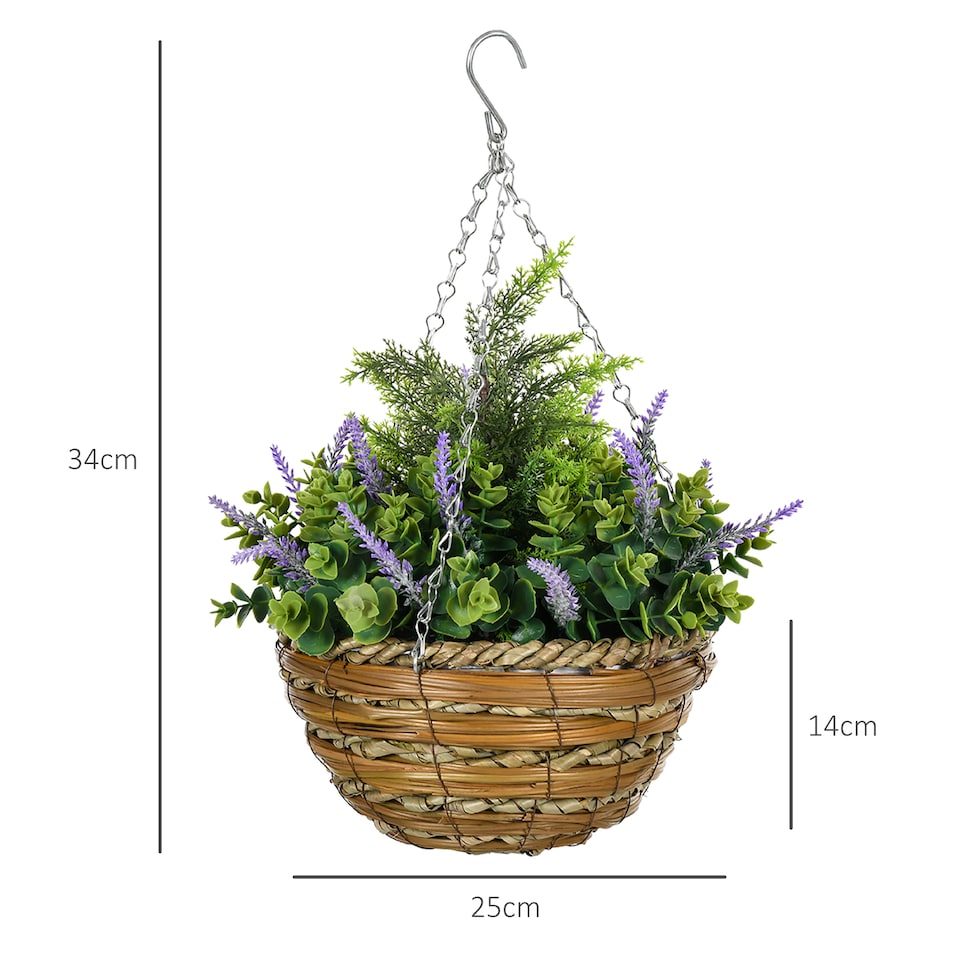 image 1 of Outsunny Pack of 2 FauPlant Artificial Lavender Flowers Hanging Planter with Basket for Indoor Decoration, Purple