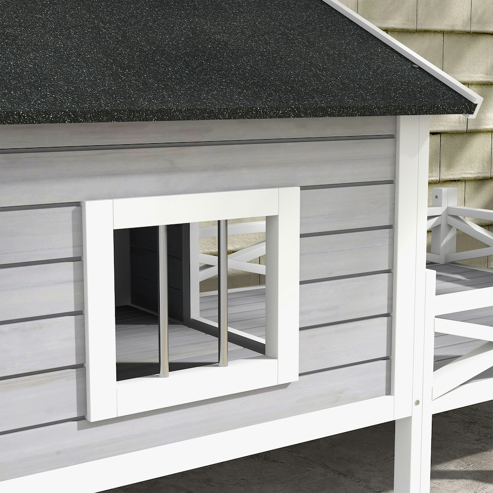 image 1 of PawHut Wooden Dog House w/ Porch, Water-resistant Roof, for S M Dogs, Grey 