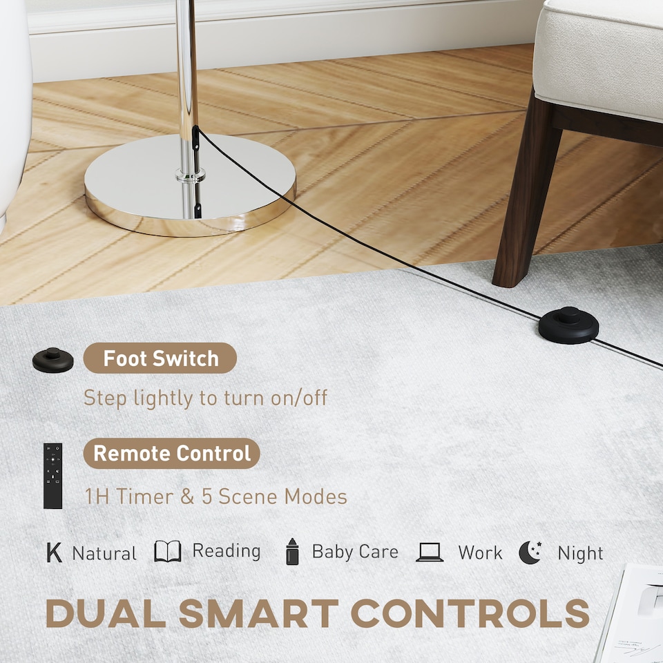 image 1 of HOMCOM Floor Lamp with Remote, Height Adjustable Standing Lamp with Linen Shade, Dimmable with 3000K-6000K Adjustable Colour Temperatures, Foot Switch for Living Room Bedroom Office, Silver Tone | Silver