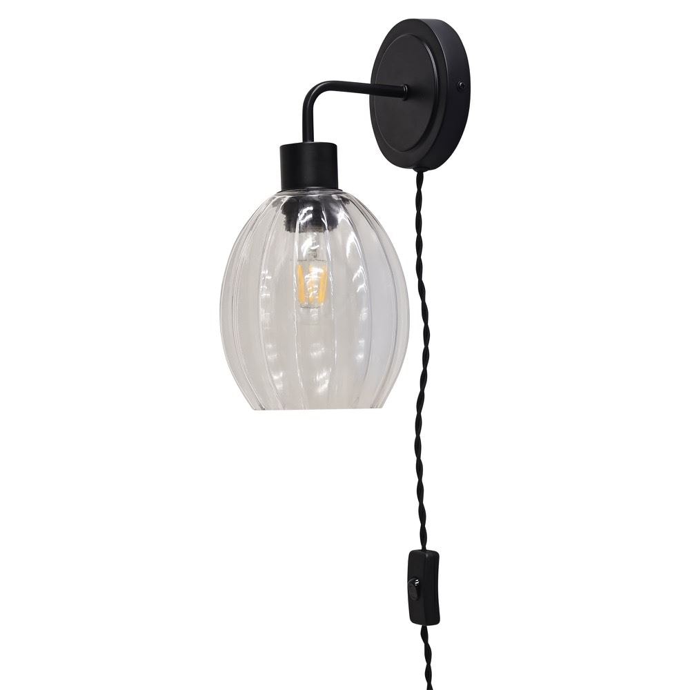 First Choice Lighting Toby - Black Plug in Wall Light with Birch Fluted Glass Shade
