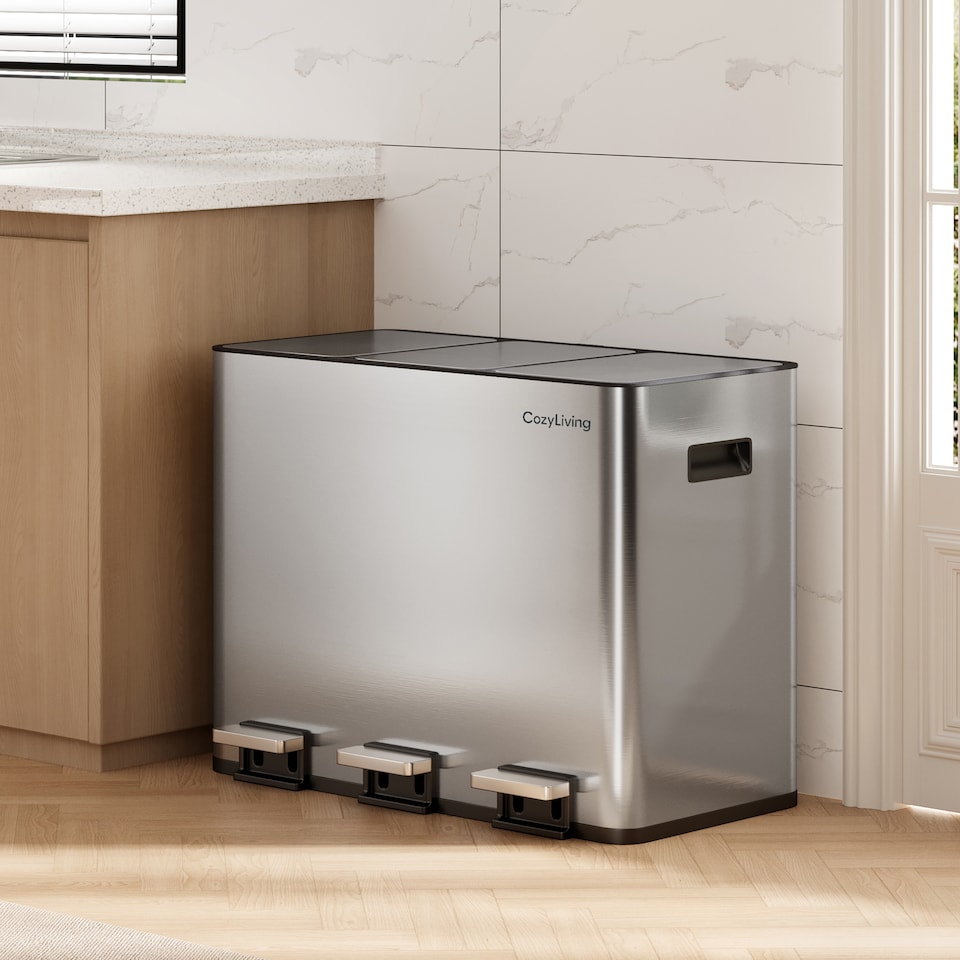 image 1 of CozyLiving 45L Triple Pedal Bin for Recycling and General Waste Rubbish Kitchen Bin 3x 15L