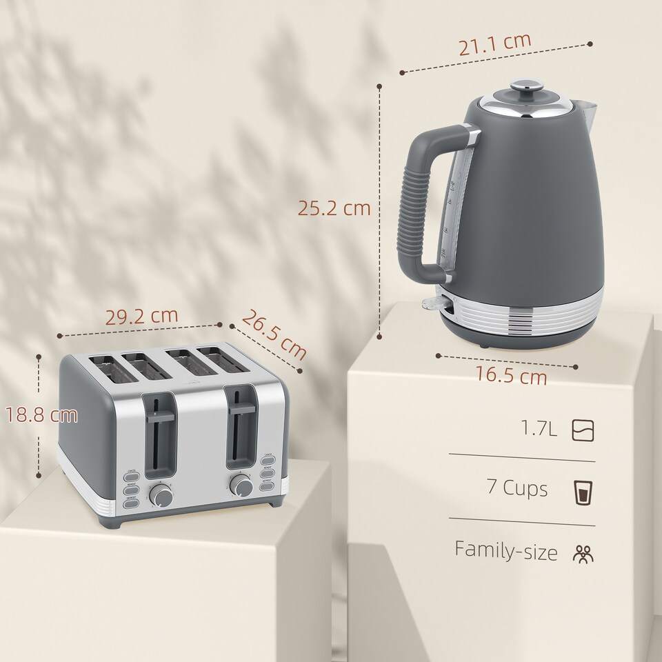 image 1 of HOMCOM 1.7L 3000W Quick Boil Kettle and 4 Slice Toaster Set Crumb Tray Grey