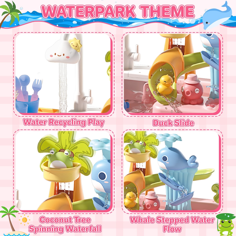 image 1 of 2 in 1 Beach Table & Simulation Kitchen Sink Toy Set with Water Supply Function and Color-Changing Tableware - Pink