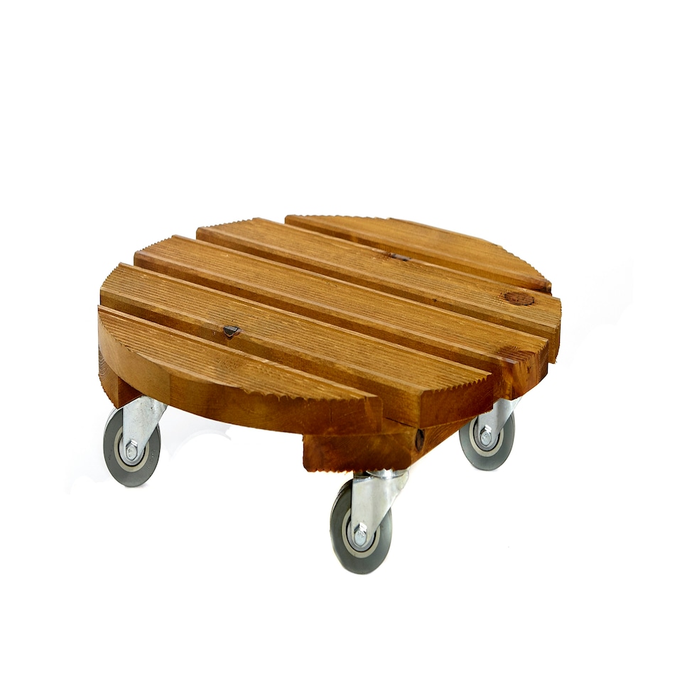 image 1 of Pack of 2 Tom Chambers Handcrafted Heavy Duty Round Traditional Wood Garden Patio Plant Flower Pot Stand Caddy Trolley Dolly on Strong Metal Castor Wheels 40cm