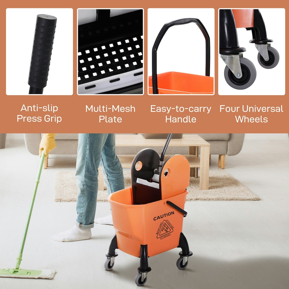 image 1 of HOMCOM Mop Bucket on Wheels w/ Carry Handle, Mop Holder for Household Orange