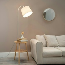 ValueLights Crowther Light Wood Side Table Shelved Tripod Floor Lamp with Fabric Shade & Bulb
