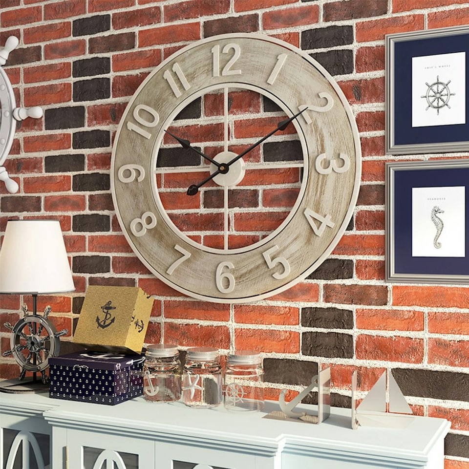 image 1 of Living and Home Round Wood Grain Metal Wall Clock