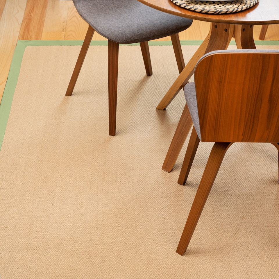 image 1 of KUKOON Beige Natural Jute Herringbone Pattern Non Slip Green Border Rug 160cm x 230cm