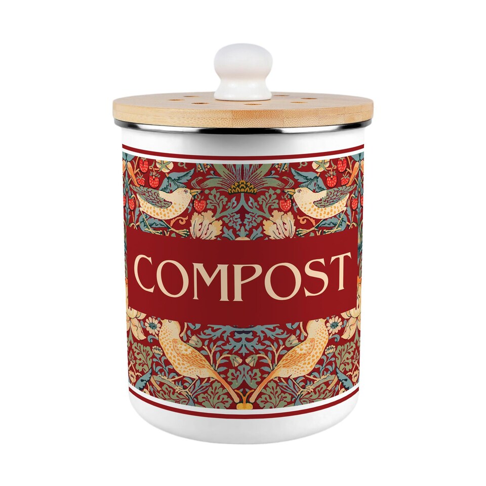 image 1 of Strawberry Thief Compost Caddy - Metal 2L Red Decorative Kitchen Food Waste Bin