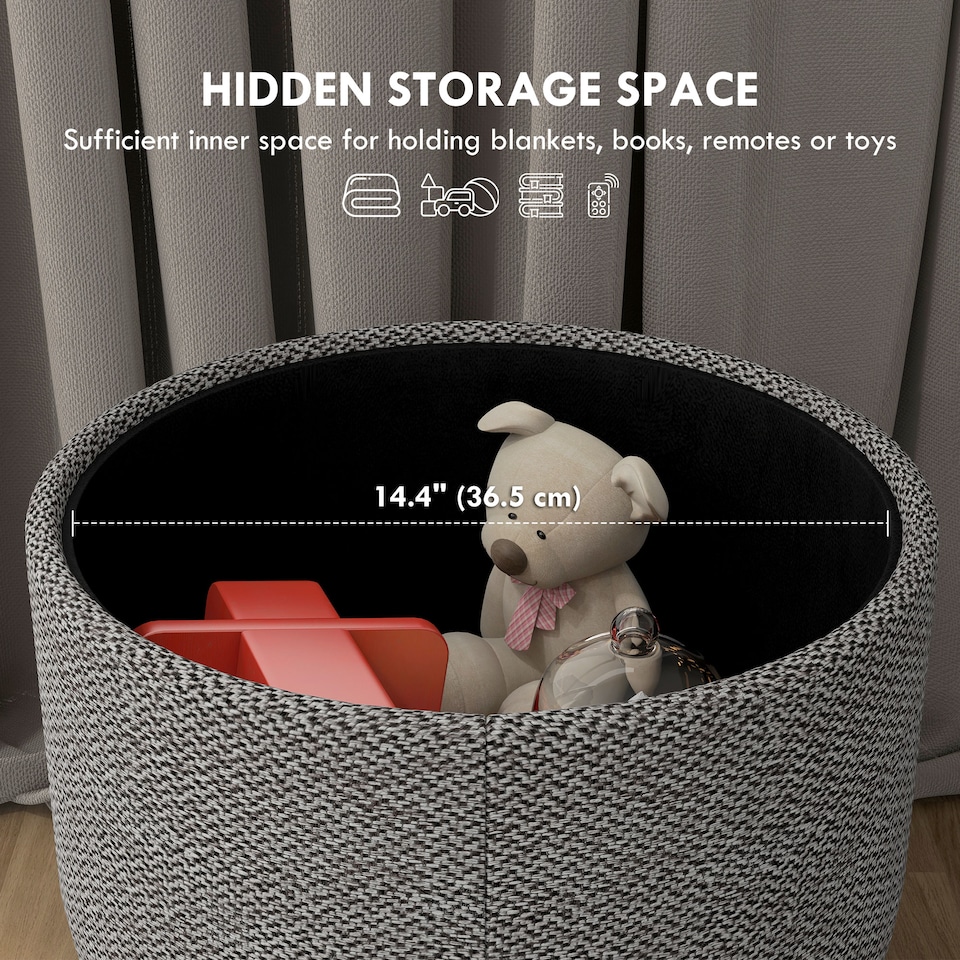 image 1 of HOMCOM Round Storage Stool, Linen Fabric Upholstered Foot Stool with Removable Top, Padded Seat, Hidden Space and Wooden Legs for Living Room, Light Grey