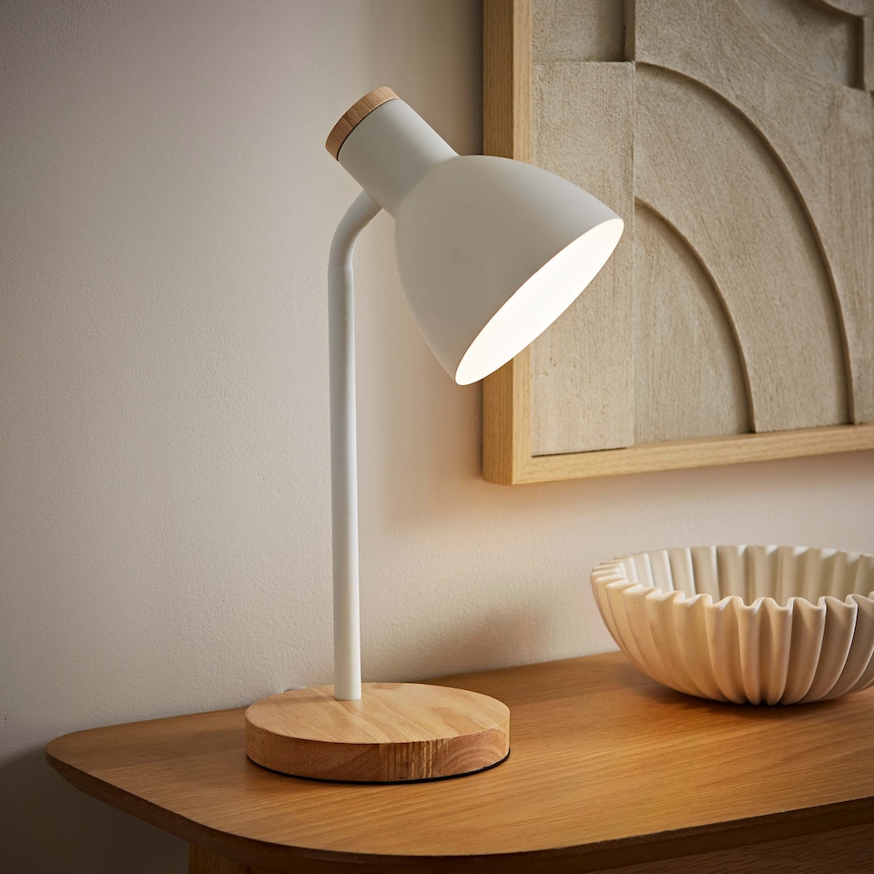 image 1 of ValueLights Woody White Metal Dome Shade Wooden Base Desk Task Adjustable Table Lamp