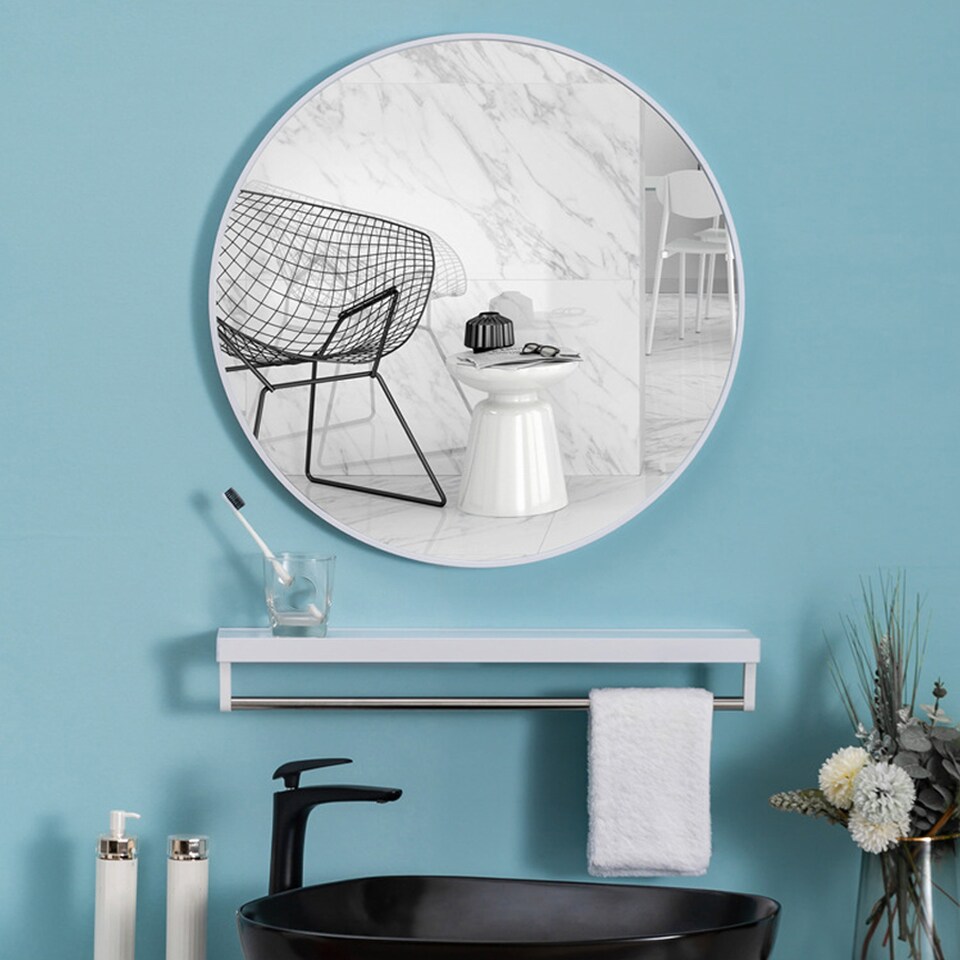image 1 of Living and Home 80cm Nordic Round Bathroom Wall Mirror | White | 80cm