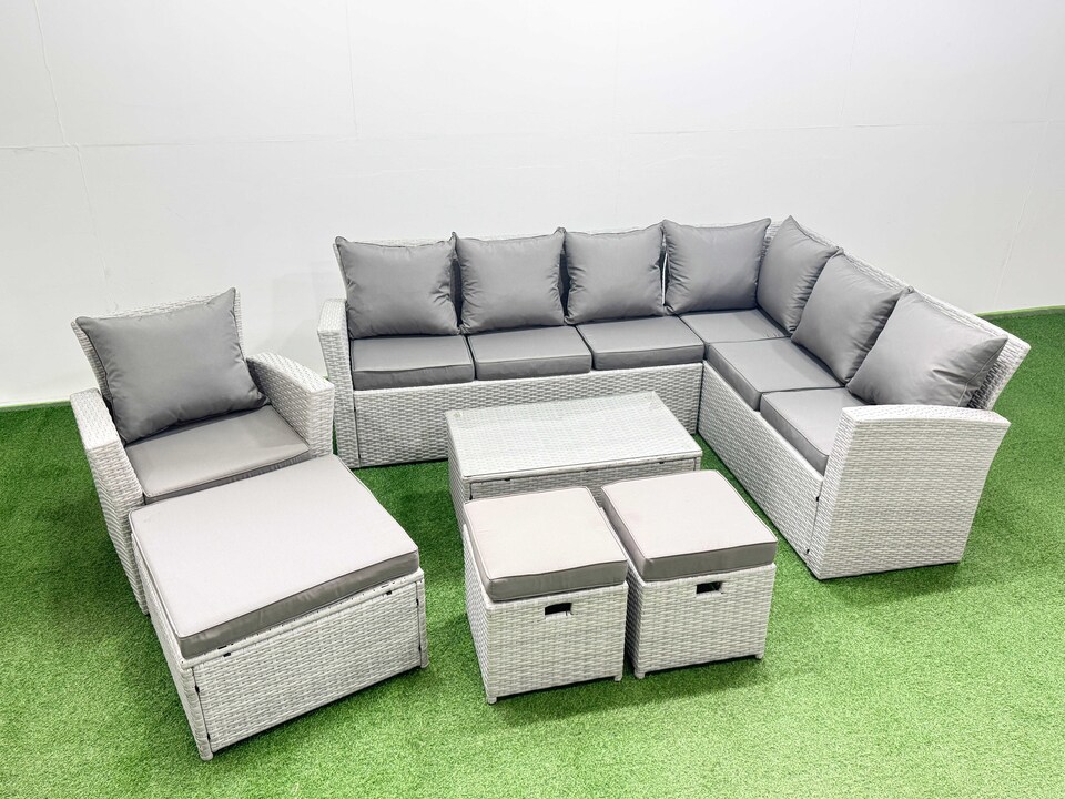 image 1 of Fimous Garden Outdoor PE Rattan Furniture Set 10 Seater Rattan Garden Sofa Set with 3 Footstools Light Grey Mixed