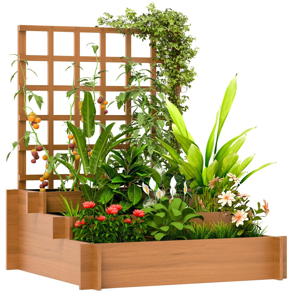 image 1 of Outsunny 3 Tier Wooden Garden Planters with Trellis for Vine Climbing Plants Brown
