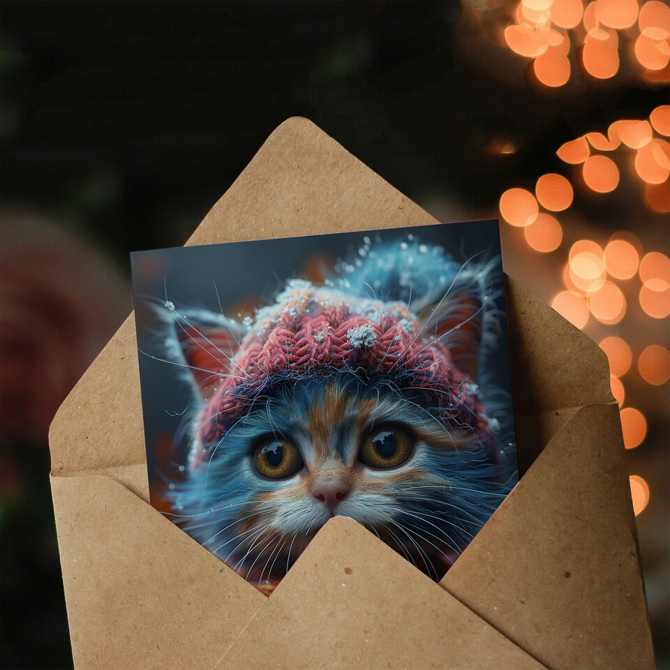 image 1 of Cute Kitten Winter Hat Scarf Baby Cat Pet Child Birthday Card