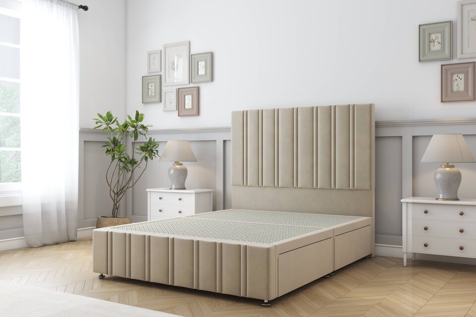 image 1 of Sloomy Langston Almond Coniston Divan Bed Base No Drawers With 54 Inch Floor Standing Headboard & 12 Inch Matching Footboard | Cream | Almond | Super King | 1