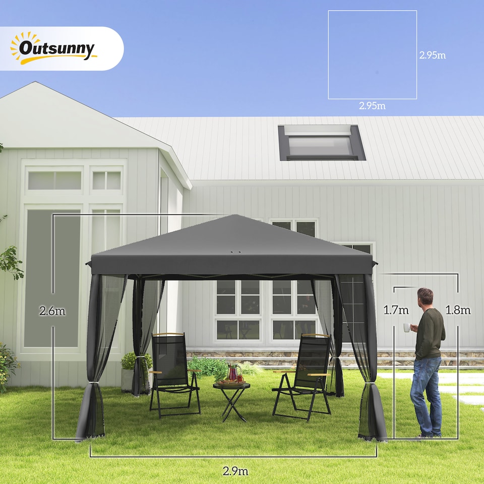 image 1 of Outsunny 3 x 3 m Pop Up Gazebo 420D Garden Tent Canopy with Removable Mesh Sidewall Netting Carry Bag for Garden Patio Outdoor Light Grey