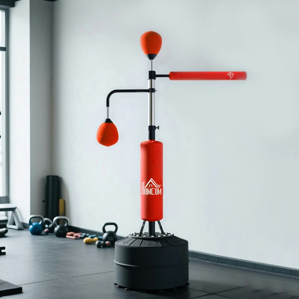 image 1 of HOMCOM 4-in-1 Boxing Punching Bag Free Standing with 2 Speed Balls, 360° Relax Bar, PU-Wrapped Boxing Bag and Fillable Base, 160-230cm Adjustable Height Red