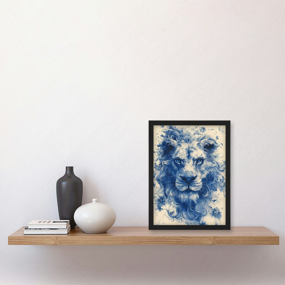 image 1 of Lion Chinese Porcelain Flowers Watercolour Living Room Black Framed Wall Art Print A4