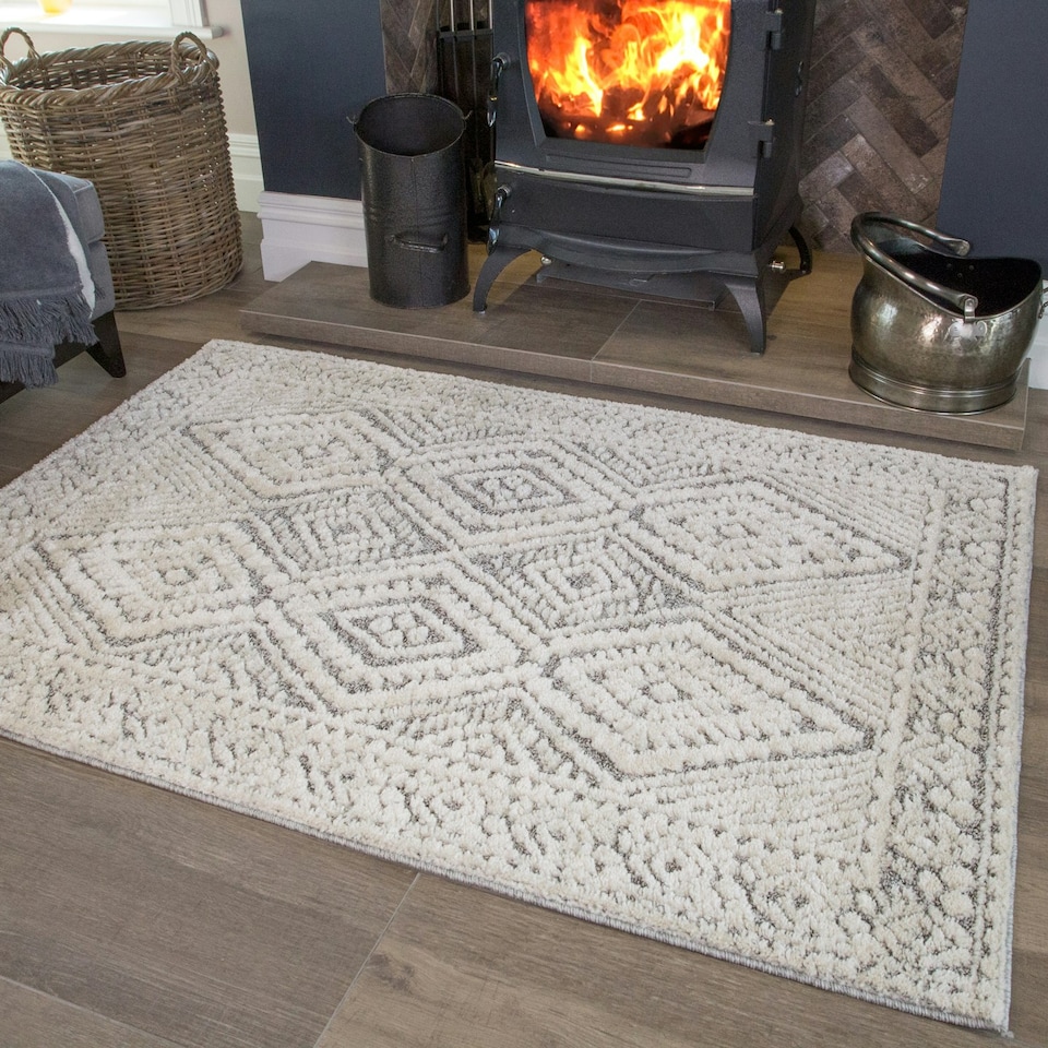 image 1 of KUKOON Grey Cream Diamond Geometric Tufted Pile Area Rug 80cm x 150cm