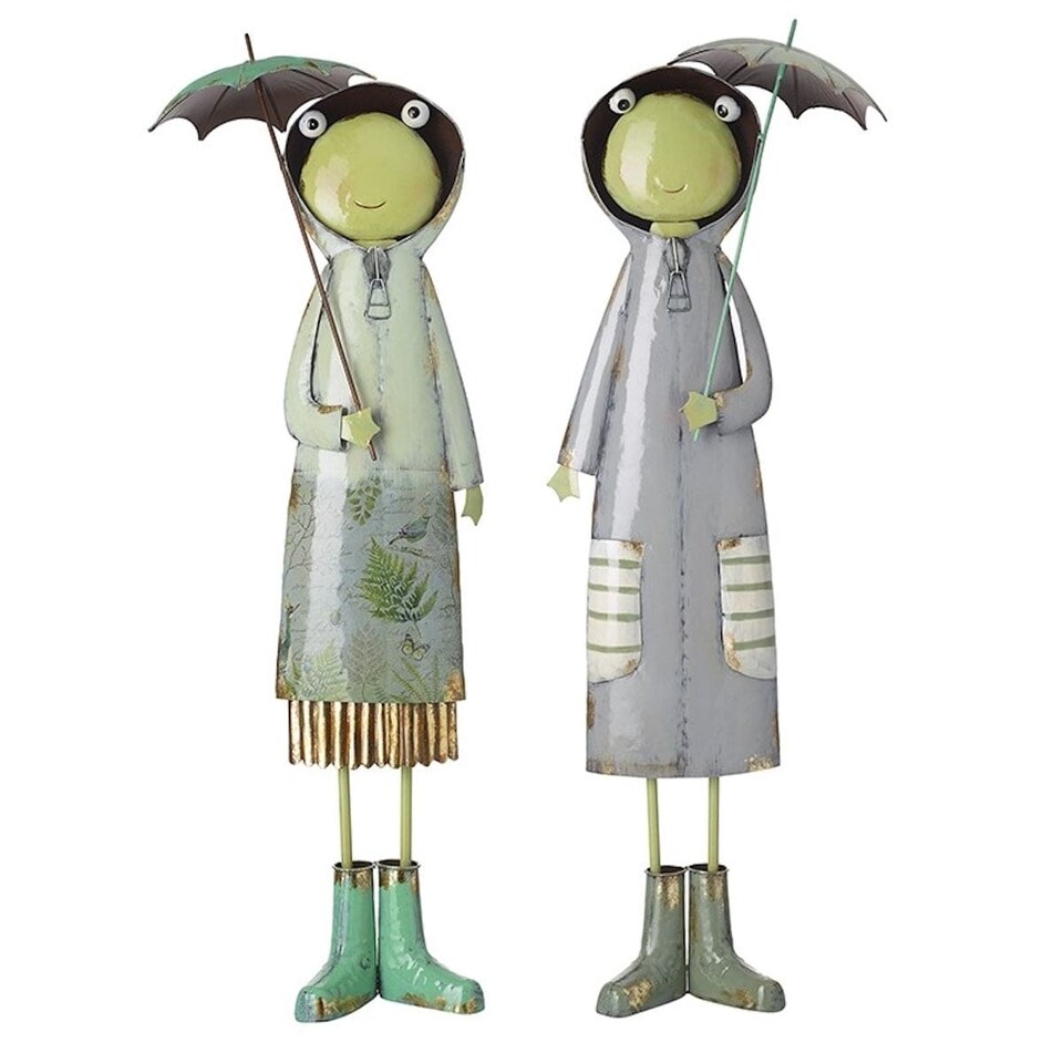 Heaven Sends Set of 2 Painted Metal Frog Ornaments with Parasols
