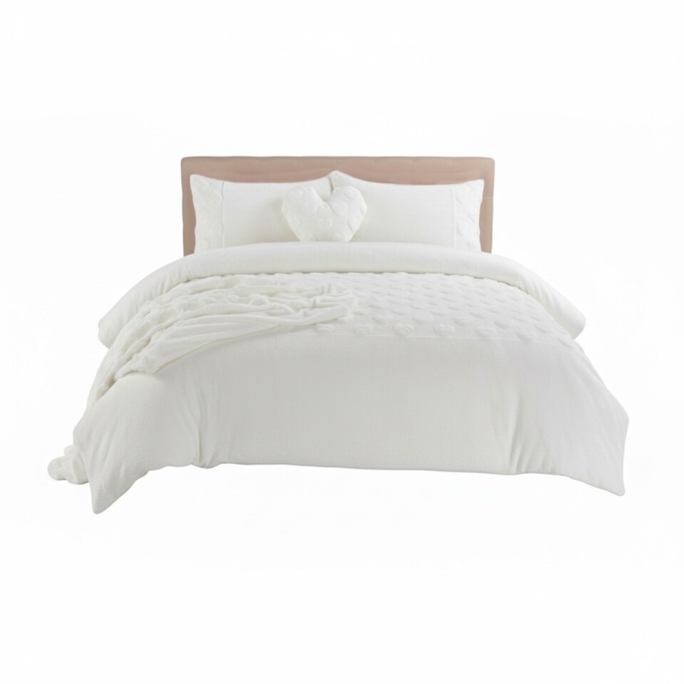 image 1 of Super Soft Teddy Duvet Cover Set Heart Embossed Cozy Fleece Bedding | White | Double