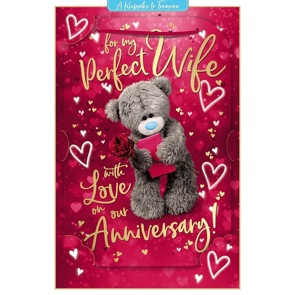 image 1 of Bear With Rose And Envelope 3D Photo Finish Keepsake Wife Anniversary Card