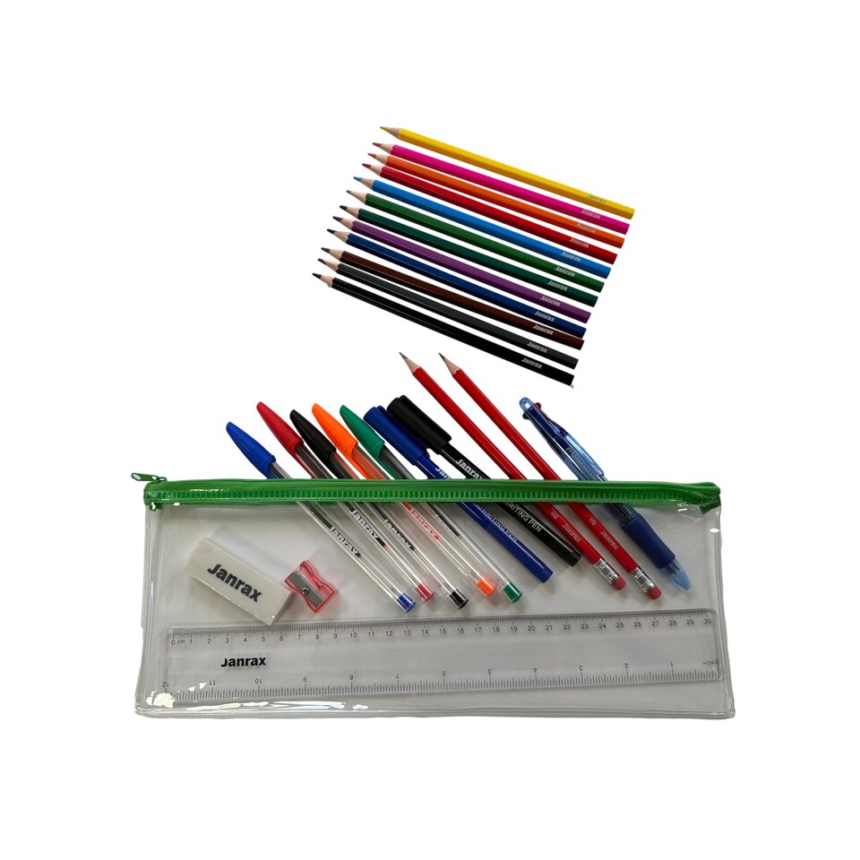 image 1 of Stationery Filled Green Zip 13x5" Pencil Case with Colouring Pencils