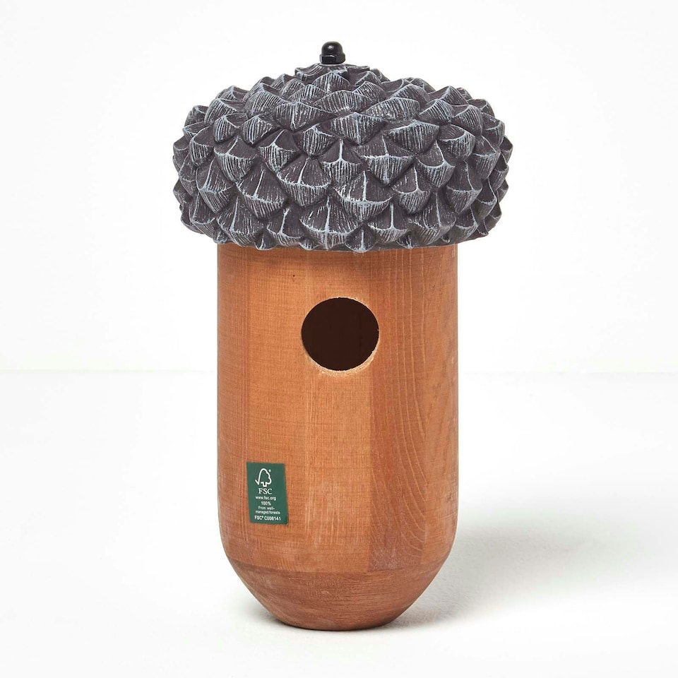 image 1 of Homescapes Real Wood Acorn Bird Box Brown