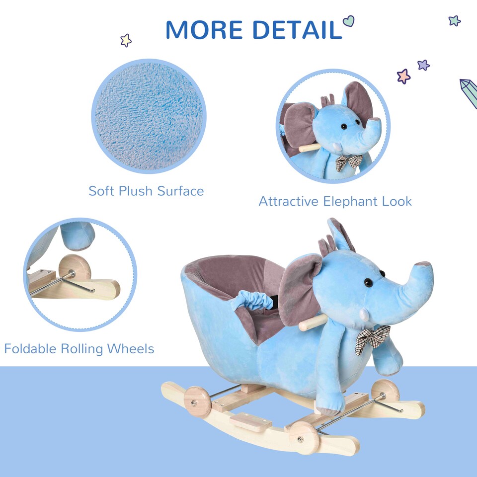 image 1 of HOMCOM 2 In 1 Plush Baby Ride on Rocking Horse Elephant Rocker with Wheels Wooden Toy for Kids 32 Songs for 18 Plus Months (Blue)