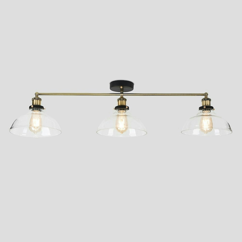 image 1 of ValueLights Wallace Industrial Brushed Gold Semi-Flush Light and E27 Pear LED 4W Warm White 2700K Bulb | Clear