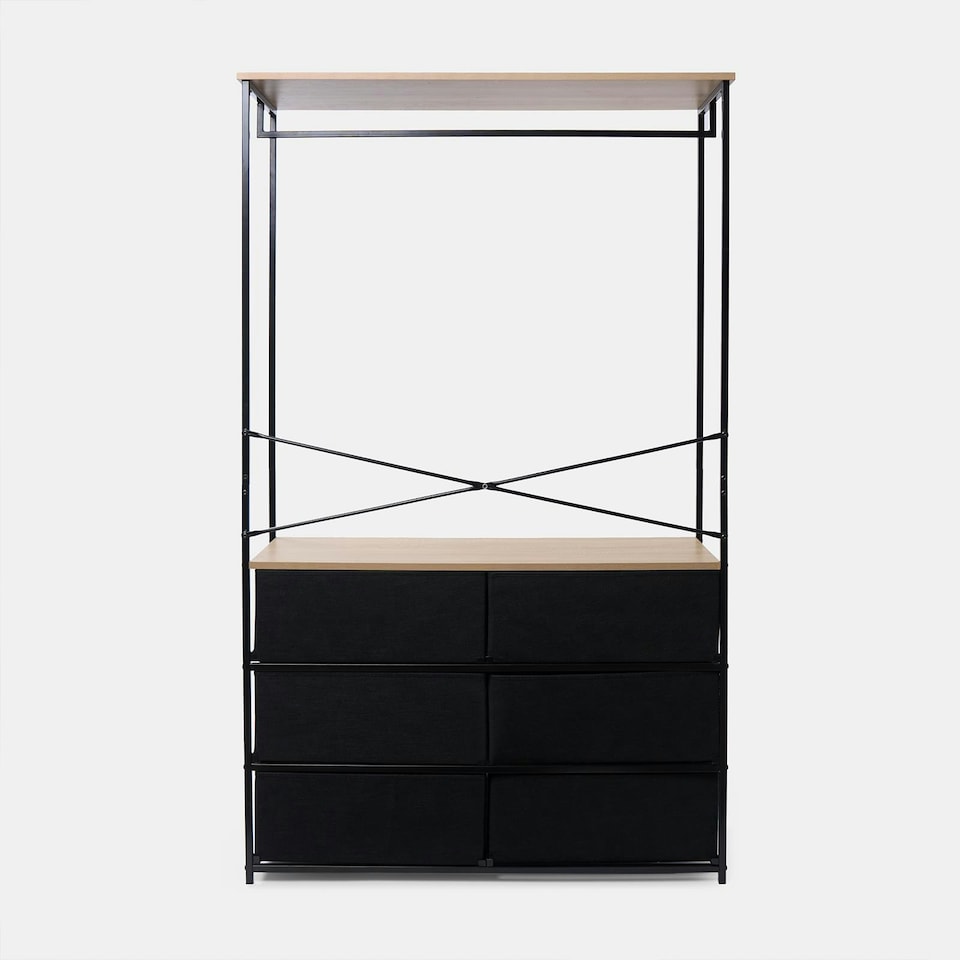 image 1 of OHS Brooklyn 6 Drawer Home Storage Fabric Display Cabinet With Hanging Rail Black