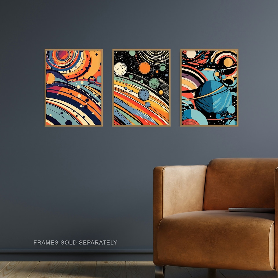 image 1 of Set of 3 Space Planets Abstract Comic Book Style Colourful Kids Bedroom Wall Art Print 12x16 Inch