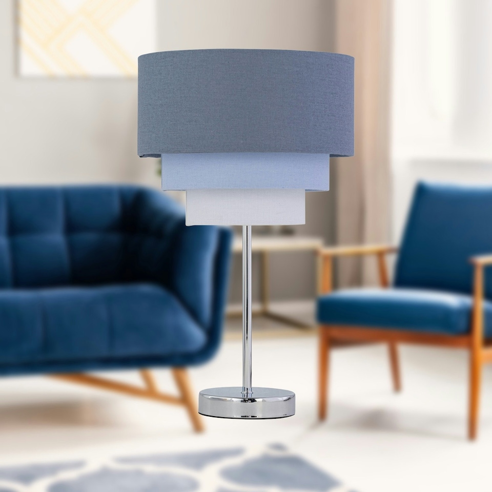 image 1 of First Choice Lighting Chrome Stick Table Lamp with Tiered Blue Linen Shade Chrome | Blue