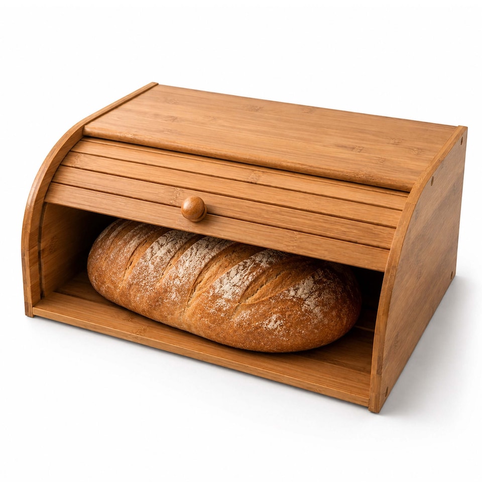 image 1 of Single Layer Roll Top Bamboo Wooden Bread Bin Kitchen Storage | Brown