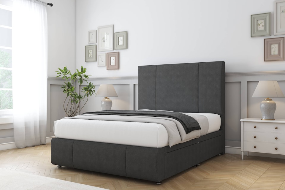 image 1 of Sloomy Lisbon Graphite Dumfries Divan Bed Base 2 Drawers Left Side With 54 Inch Floor Standing Headboard & 12 Inch Matching Footboard | Grey | Graphite | Small Double | 1
