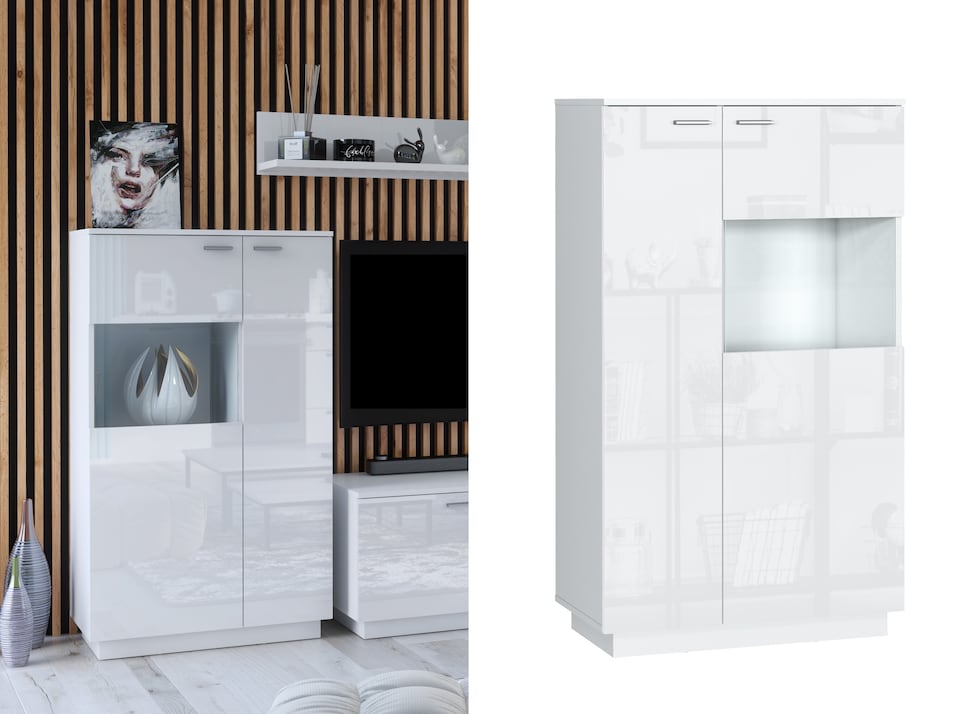 image 1 of Glass Display Cabinet Unit Bookcase Shelving Cupboard Storage Buffet White Gloss Modern Sol