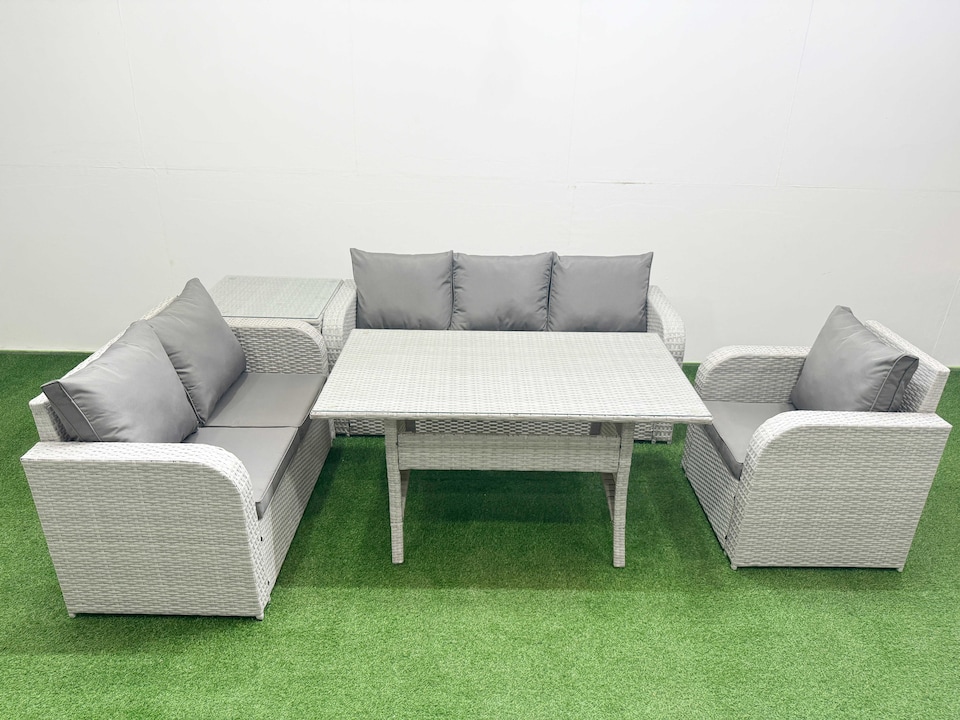 image 1 of Fimous Patio PE Wicker 6 Seater Outdoor Rattan Furniture Sofa Sets with Rectangular Dining Table Reclining Chair Loveseat Sofa 3 Seater Sofa Side Table Light Grey