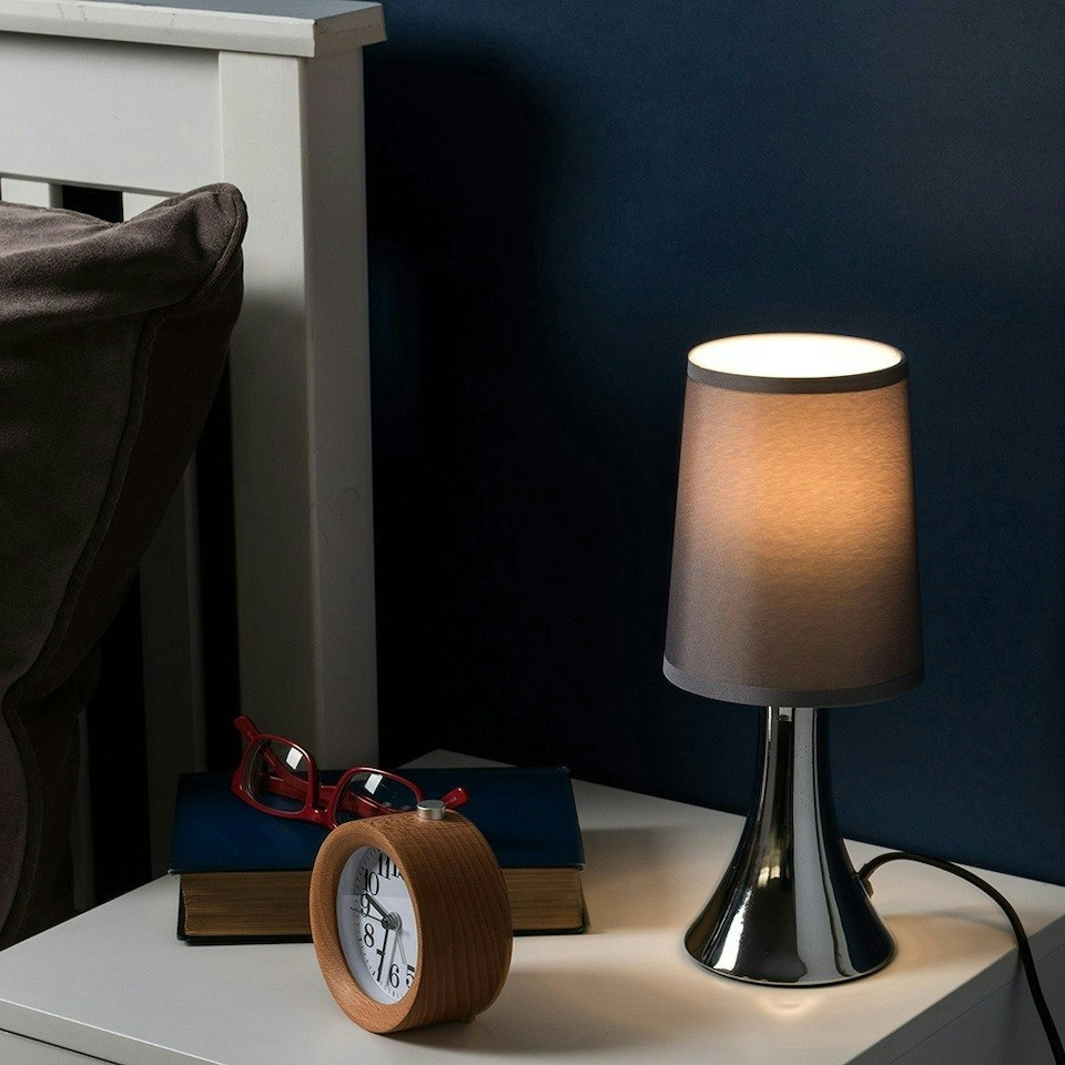 image 1 of ValueLights Pair of - Small Chrome Touch Table Lamps with Grey Fabric Shades With 5w LED Dimmable Candle Bulbs In Warm White Grey