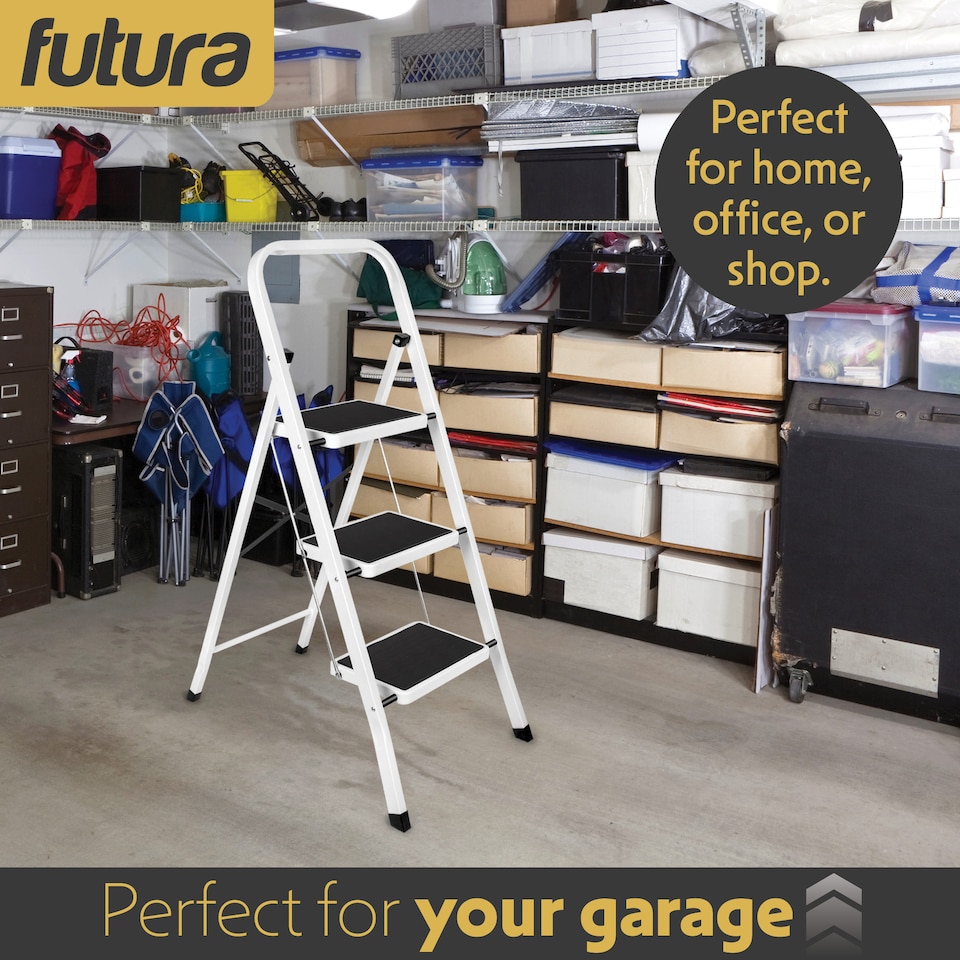 image 1 of Futura 3 Step Ladder White, Heavy-Duty Steel Folding Home DIY Step Stool with Wide Non-Slip Steps & Anti Slip Feet 150kg Capacity
