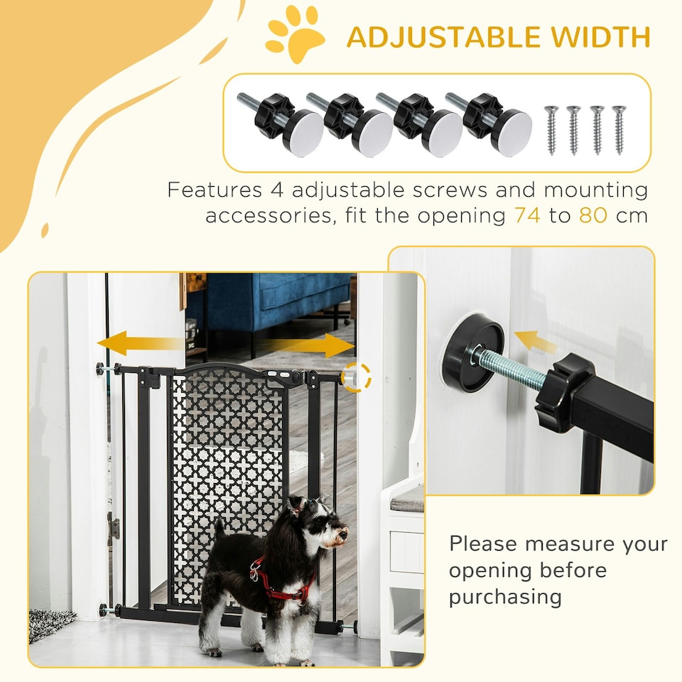 image 1 of PawHut 74-80 cm Pet Safety Gate Pressure Fit Stair with Double Locking, Black