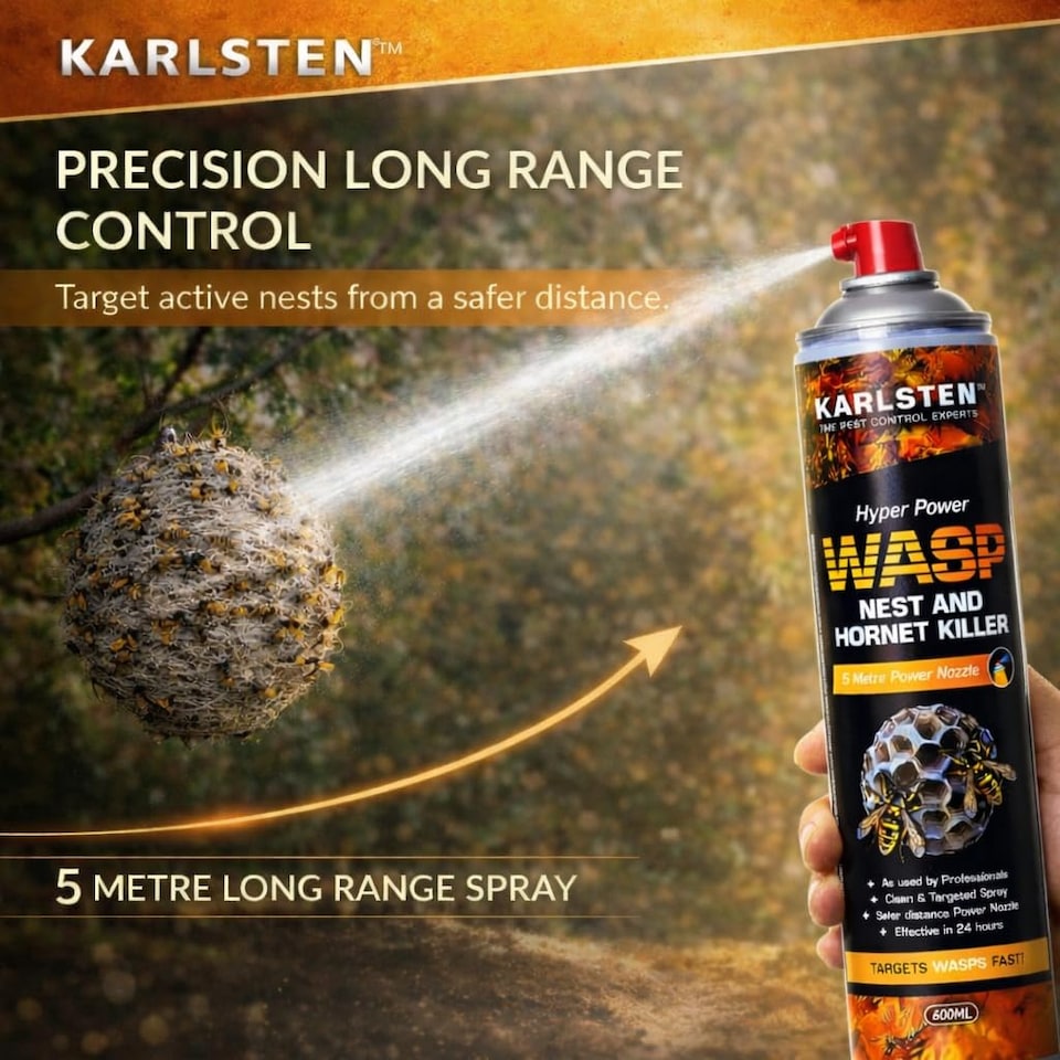 image 1 of Karlsten Hyper Power Wasp Nest & Hornet Killer Spray - 600ml High Strength Long Range 5 Metre Spray for Indoor and Outdoor