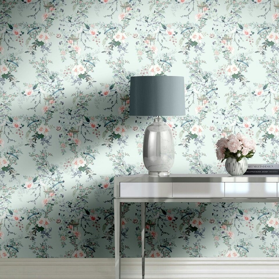 image 1 of Muriva Lipsy Ophelia Wallpaper - Duck Egg - 10m x 53cm Blue
