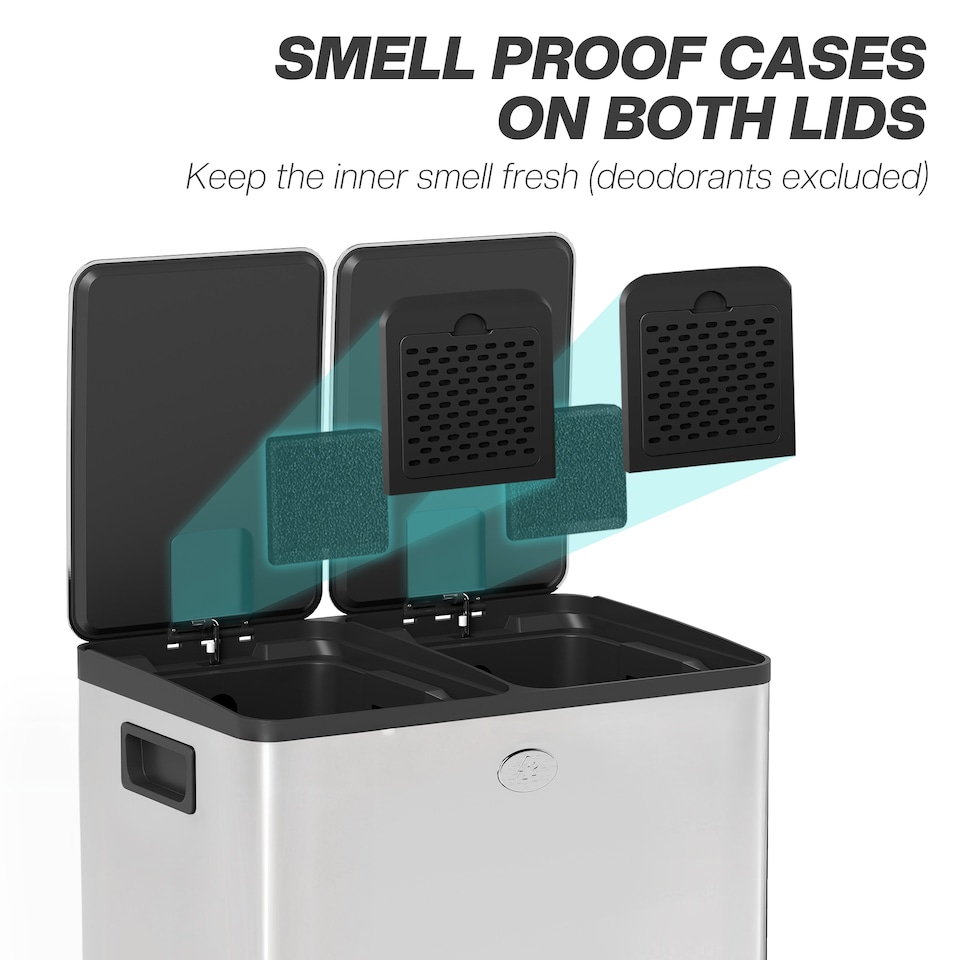 image 1 of HOMCOM Dual Kitchen Bin, 2 x 20L Stainless Steel Double Rubbish Bin with Soft Close Lid, Removable Inner Buckets, Rubbish Bags, Fingerprint-Proof for Recycling and Waste, Silver Tone