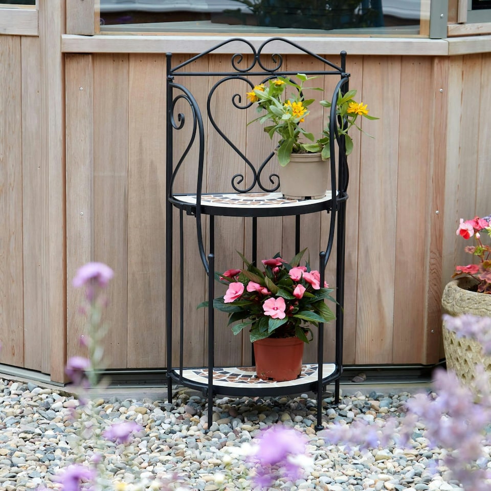 image 1 of 2 Tier Plant Stand Flower Pot Holder Sunflower Mosaic Design Black Metal Frame