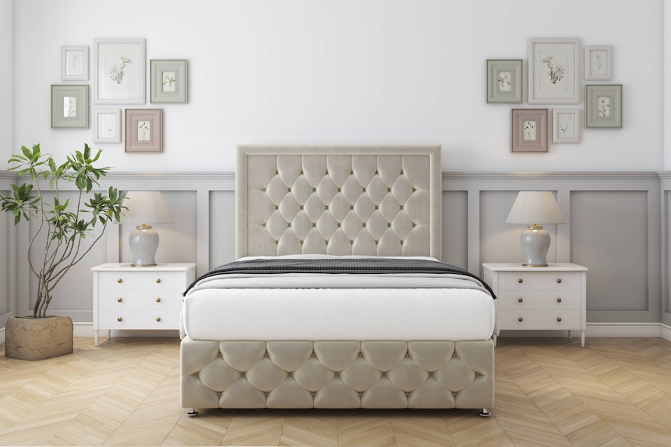 image 1 of Sloomy Vienna Cream Plush Divan Bed Base 4 Drawers With 26 Inch Strutted Headboard & 12 Inch Matching Footboard | Cream | Cream | Super King | 1