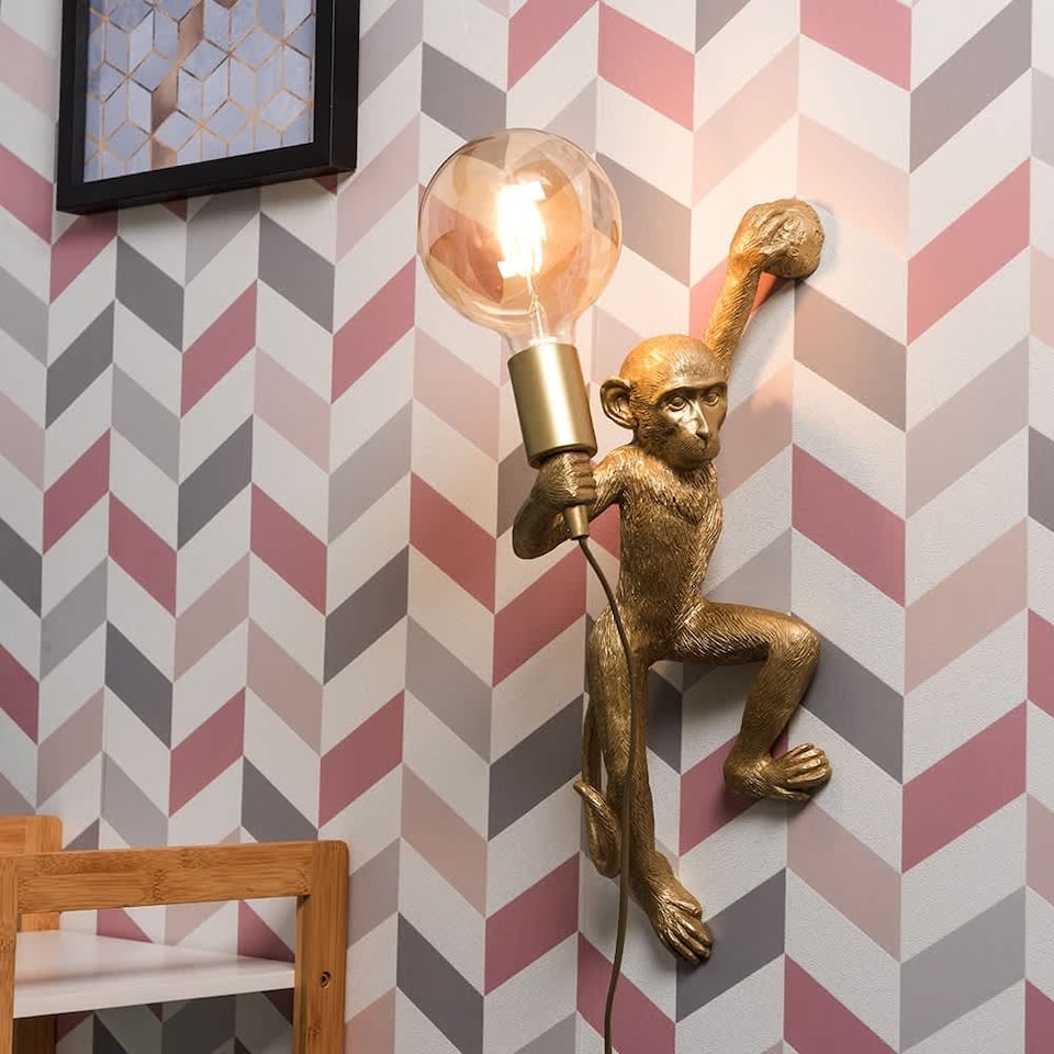 image 1 of ValueLights George Monkey Holding a Light Bulb Wall Light Gold & Bulb | Gold