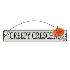 White Creepy Crescent Halloween Metal Street Sign Plaque Hanging Decoration 50cm