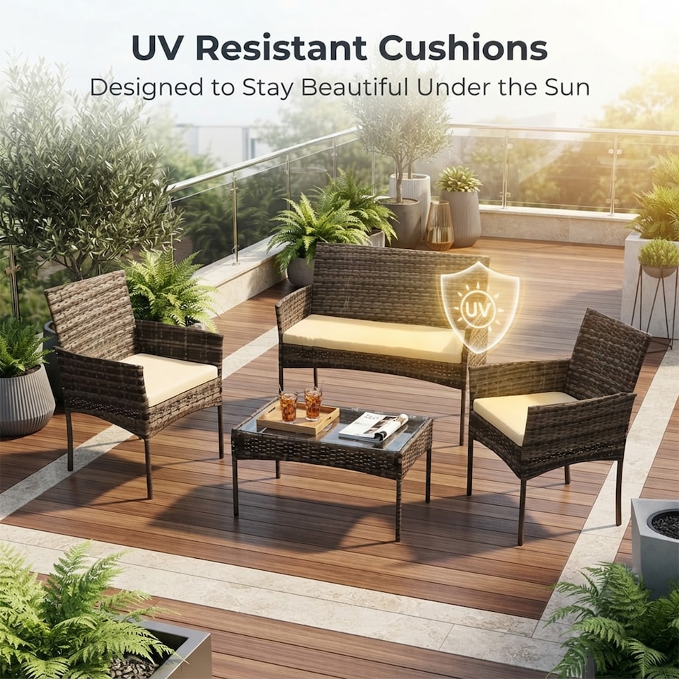 image 1 of Alivio 4-Seater Rattan Furniture Set with Coffee Table & Anti-UV Cushions for Indoor, Outdoor Patio